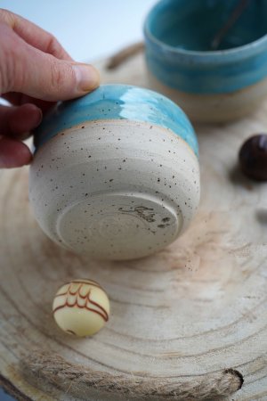 handgetöpferter Türkis beige natur Keramik Mocca Kaffee Becher